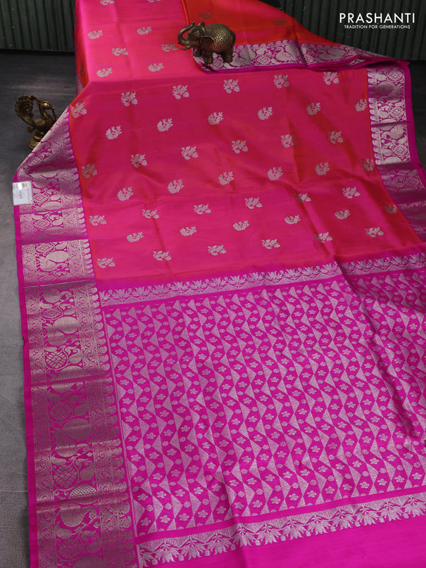 Venkatagiri silk saree candy pink and pink with allover silver zari woven buttas and long silver zari woven border