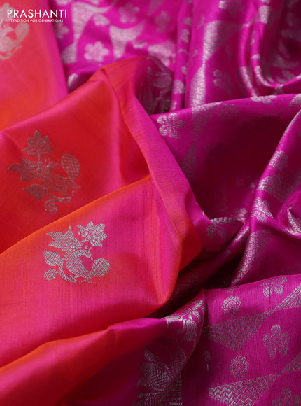 Venkatagiri silk saree candy pink and pink with allover silver zari woven buttas and long silver zari woven border