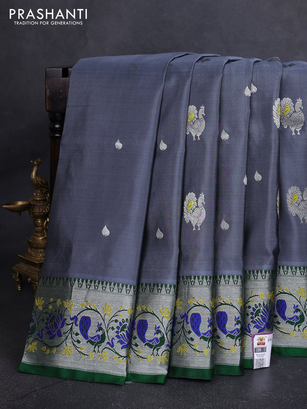 Venkatagiri silk saree grey and green with allover silver zari woven buttas and zari woven border