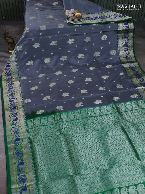 Venkatagiri silk saree grey and green with allover silver zari woven buttas and zari woven border