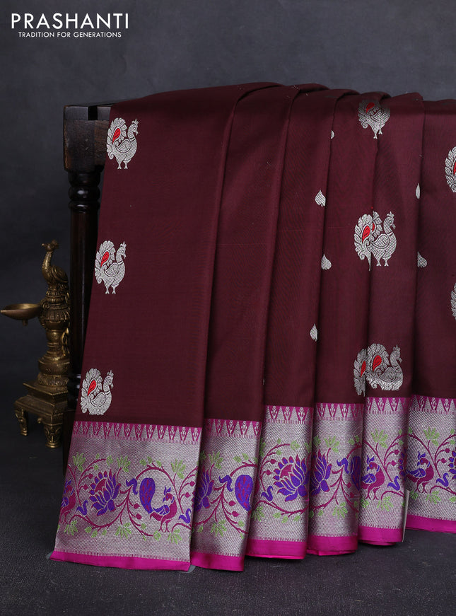 Venkatagiri silk saree coffee brown and pink with allover silver zari woven buttas and silver zari woven border
