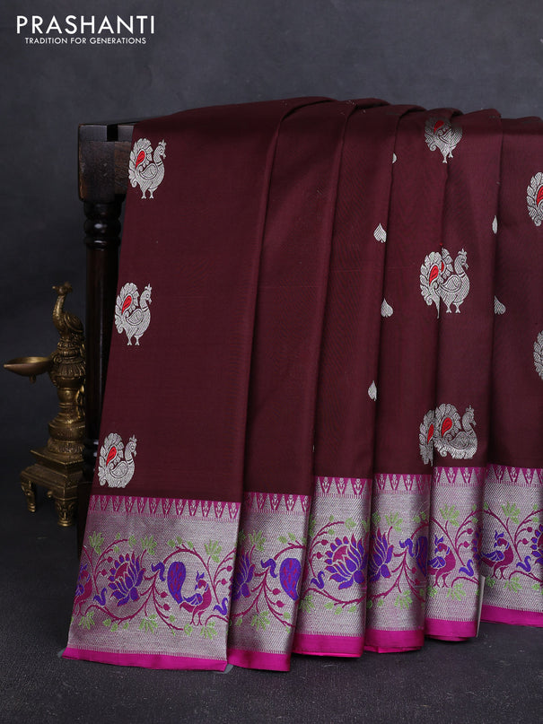 Venkatagiri silk saree coffee brown and pink with allover silver zari woven buttas and silver zari woven border