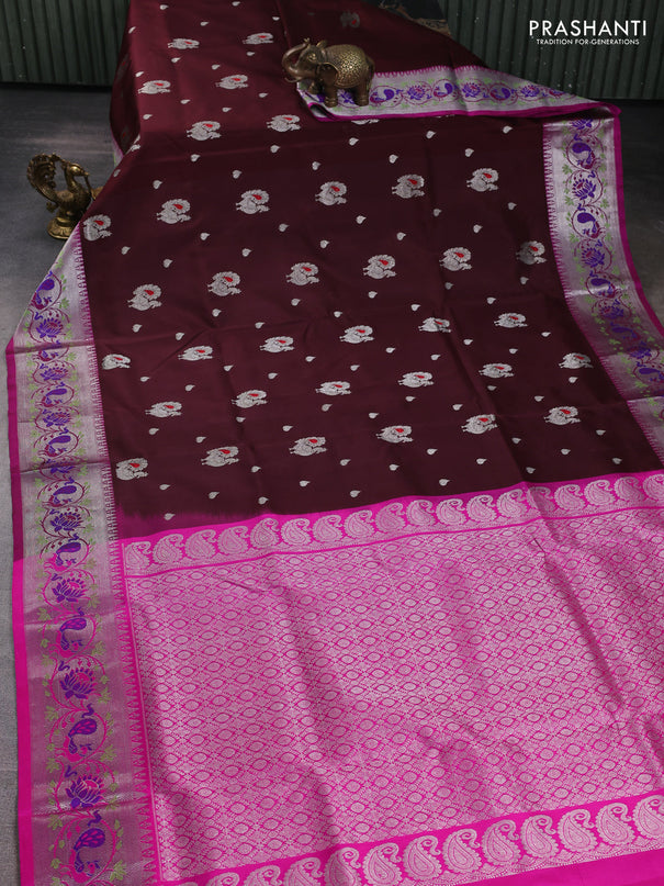Venkatagiri silk saree coffee brown and pink with allover silver zari woven buttas and silver zari woven border
