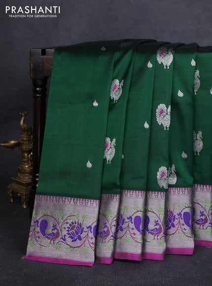 Venkatagiri silk saree bottle green and pink with allover silver zari woven buttas and silver zari woven border