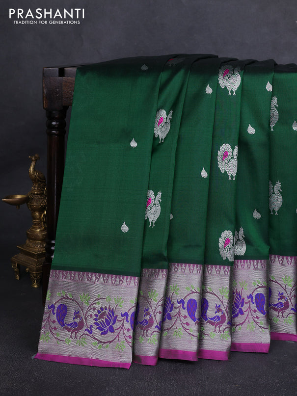 Venkatagiri silk saree bottle green and pink with allover silver zari woven buttas and silver zari woven border