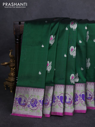 Venkatagiri silk saree bottle green and pink with allover silver zari woven buttas and silver zari woven border