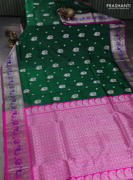 Venkatagiri silk saree bottle green and pink with allover silver zari woven buttas and silver zari woven border
