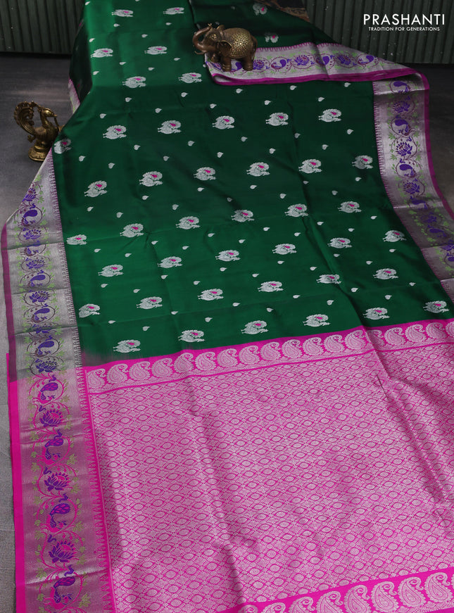 Venkatagiri silk saree bottle green and pink with allover silver zari woven buttas and silver zari woven border