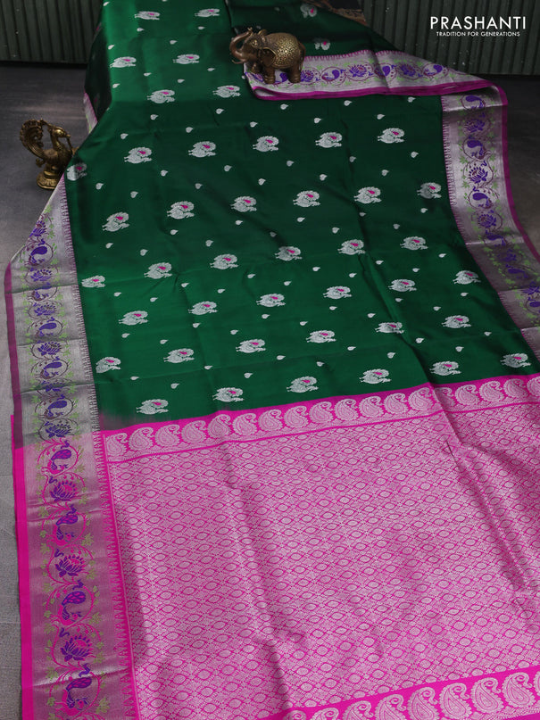 Venkatagiri silk saree bottle green and pink with allover silver zari woven buttas and silver zari woven border