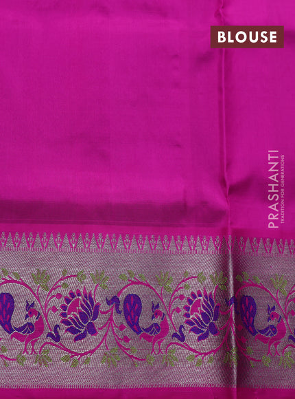 Venkatagiri silk saree bottle green and pink with allover silver zari woven buttas and silver zari woven border