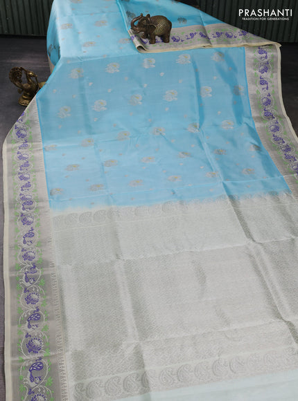 Venkatagiri silk saree teal blue and cream with allover silver zari woven buttas and silver zari woven border