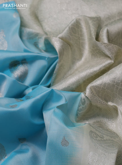 Venkatagiri silk saree teal blue and cream with allover silver zari woven buttas and silver zari woven border