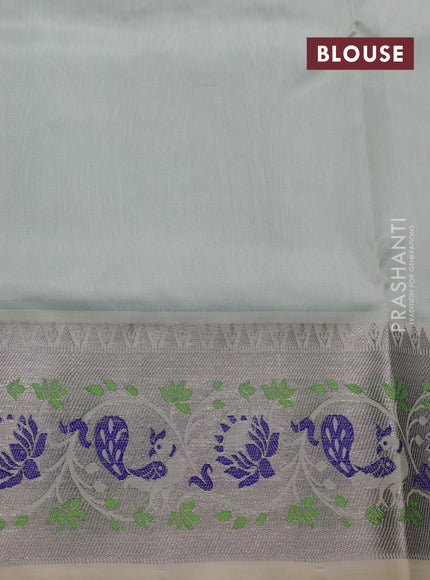Venkatagiri silk saree teal blue and cream with allover silver zari woven buttas and silver zari woven border