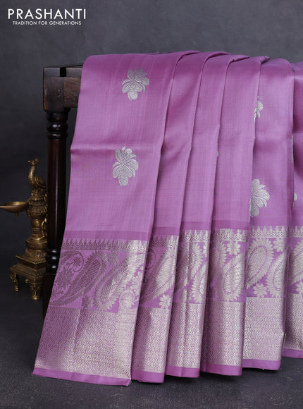 Venkatagiri silk saree pastel lavender with allover silver zari woven buttas and long silver zari woven border