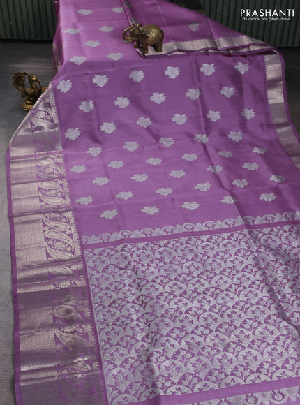 Venkatagiri silk saree pastel lavender with allover silver zari woven buttas and long silver zari woven border