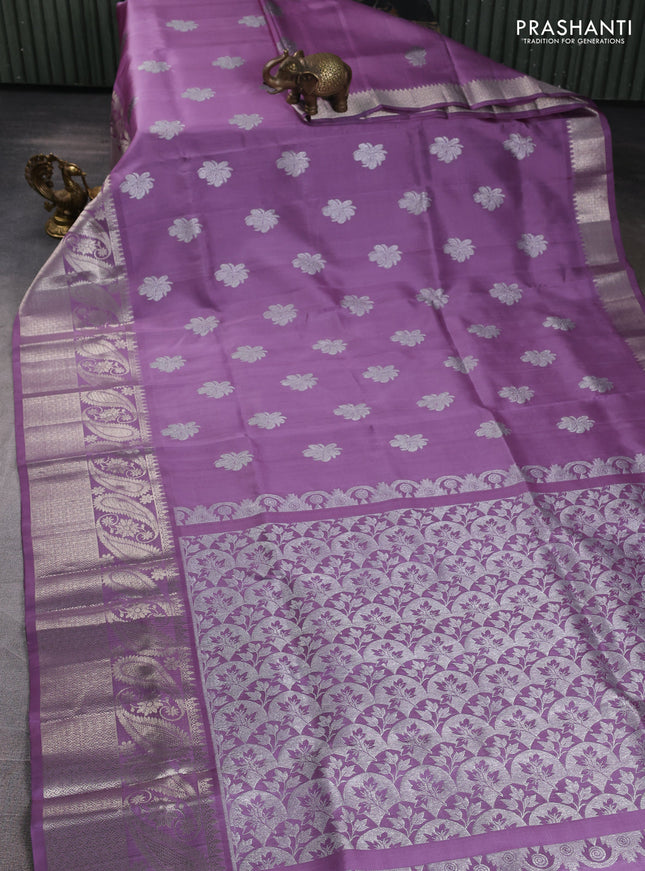 Venkatagiri silk saree pastel lavender with allover silver zari woven buttas and long silver zari woven border