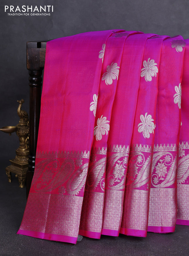 Venkatagiri silk saree candy pink with allover silver zari woven buttas and long silver zari woven border