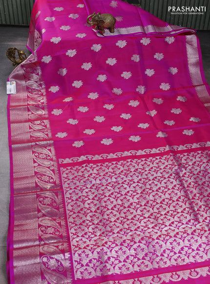 Venkatagiri silk saree candy pink with allover silver zari woven buttas and long silver zari woven border