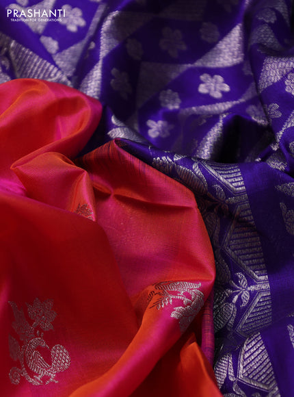 Venkatagiri silk saree dual shade of pinkish orange and royal blue with allover silver zari woven buttas and zari woven border