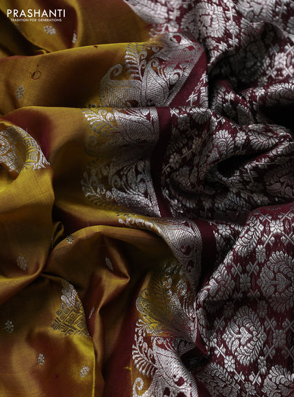 Venkatagiri silk saree mustard green and coffee brown with allover silver zari woven buttas and long silver zari woven border
