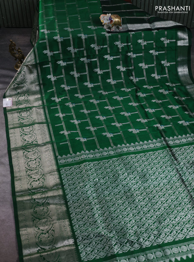 Venkatagiri silk saree bottle green with allover silver zari weaves & buttas and long silver zari woven border