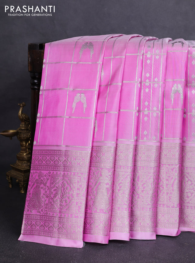 Venkatagiri silk saree light pink with allover silver zari checks & buttas and long silver zari woven border