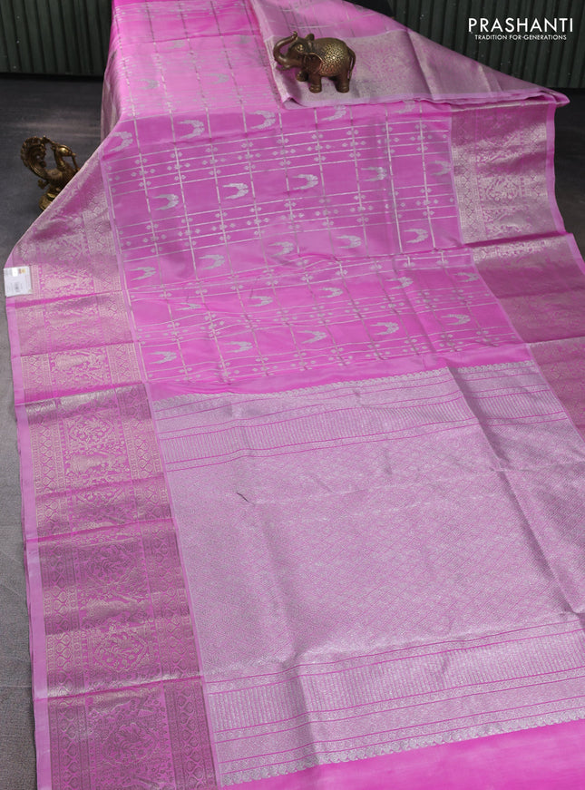 Venkatagiri silk saree light pink with allover silver zari checks & buttas and long silver zari woven border