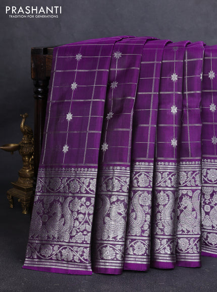 Venkatagiri silk saree purple with allover silver zari checks & buttas and long silver zari woven border