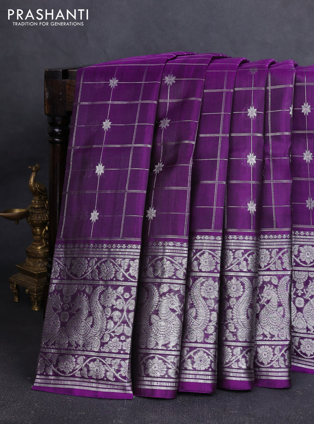 Venkatagiri silk saree purple with allover silver zari checks & buttas and long silver zari woven border