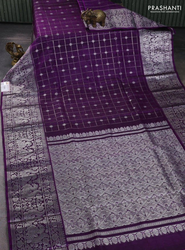 Venkatagiri silk saree purple with allover silver zari checks & buttas and long silver zari woven border