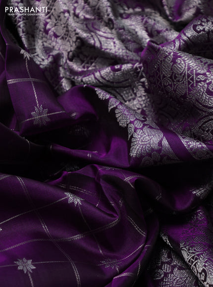 Venkatagiri silk saree purple with allover silver zari checks & buttas and long silver zari woven border