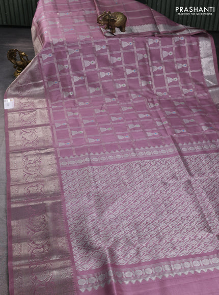 Venkatagiri silk saree pastel pink with allover silver zari checks & buttas and long silver zari woven border