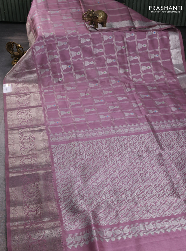 Venkatagiri silk saree pastel pink with allover silver zari checks & buttas and long silver zari woven border