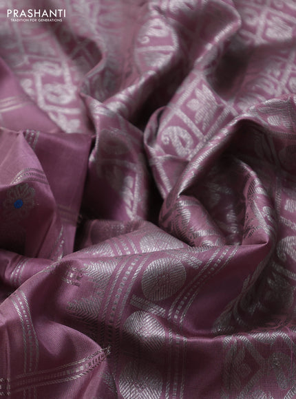 Venkatagiri silk saree pastel pink with allover silver zari checks & buttas and long silver zari woven border
