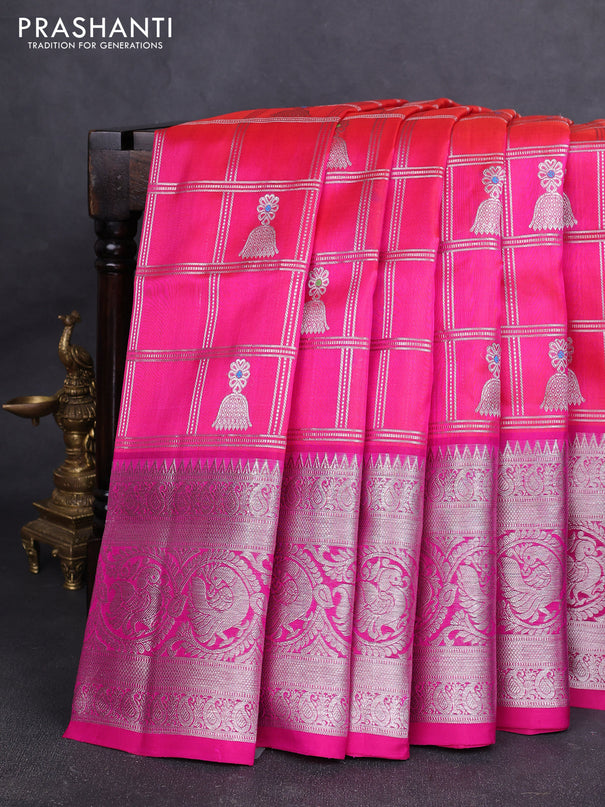 Venkatagiri silk saree dual shade of pinkish orange and pink with allover silver zari checks & buttas and long silver zari woven border