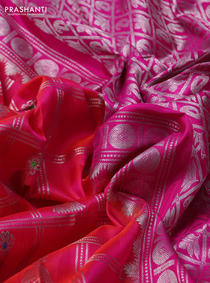 Venkatagiri silk saree dual shade of pinkish orange and pink with allover silver zari checks & buttas and long silver zari woven border