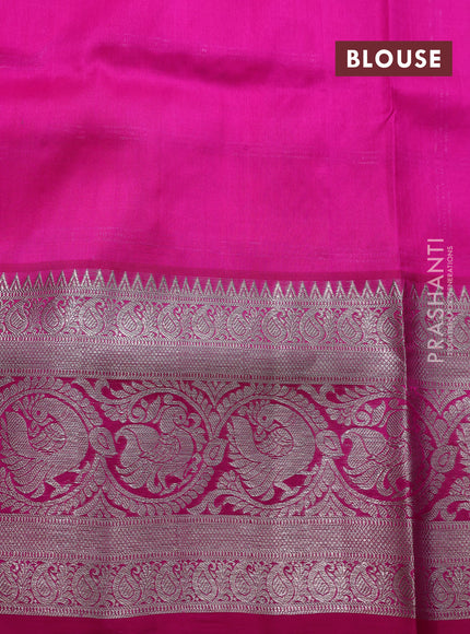 Venkatagiri silk saree dual shade of pinkish orange and pink with allover silver zari checks & buttas and long silver zari woven border