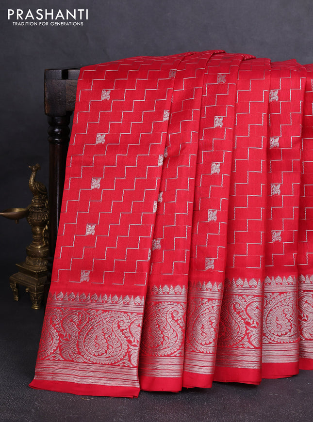 Venkatagiri silk saree red with allover zigzag silver zari weaves and silver zari woven border