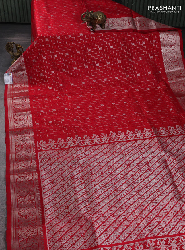 Venkatagiri silk saree red with allover zigzag silver zari weaves and silver zari woven border
