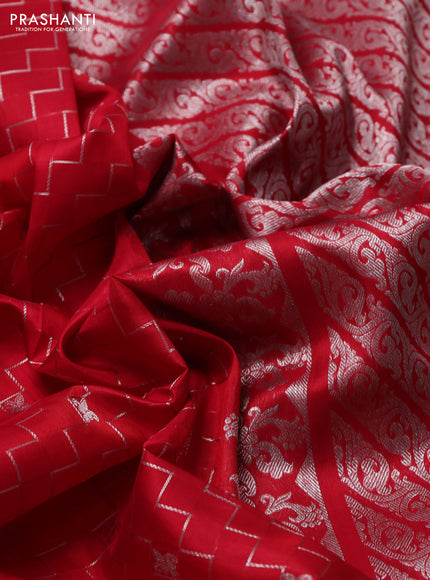Venkatagiri silk saree red with allover zigzag silver zari weaves and silver zari woven border