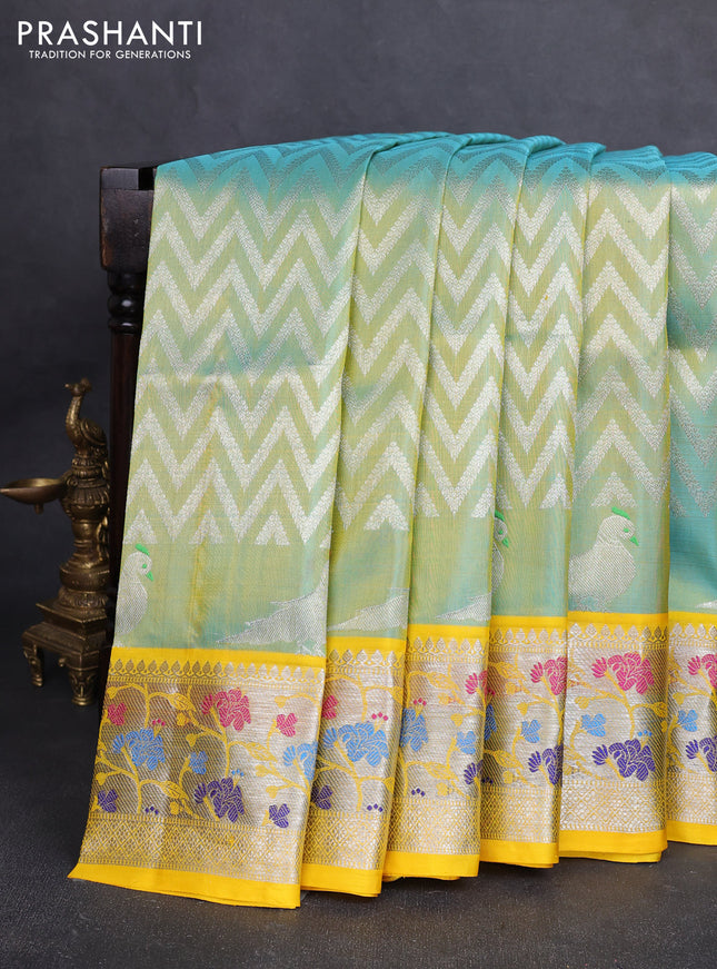 Venkatagiri silk saree dual shade of teal blue and yellow with allover zigzag silver & zari weaves and silver zari woven border