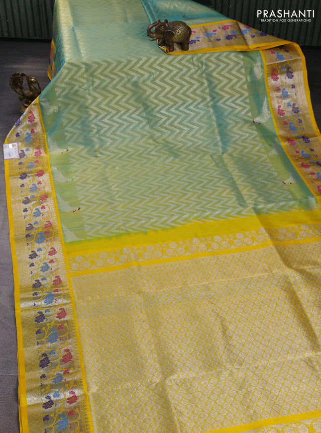Venkatagiri silk saree dual shade of teal blue and yellow with allover zigzag silver & zari weaves and silver zari woven border