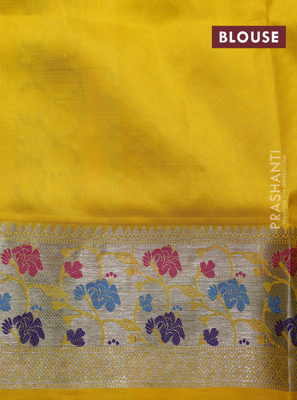 Venkatagiri silk saree dual shade of teal blue and yellow with allover zigzag silver & zari weaves and silver zari woven border