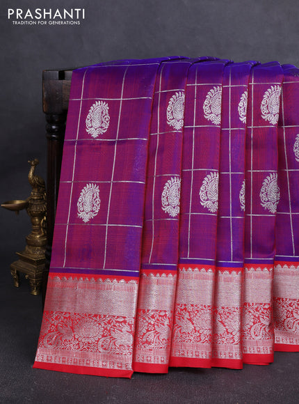 Venkatagiri silk saree purple and red with allover silver zari checks & buttas and silver zari woven border