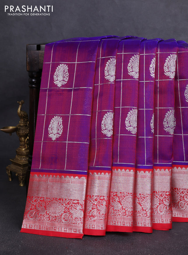 Venkatagiri silk saree purple and red with allover silver zari checks & buttas and silver zari woven border