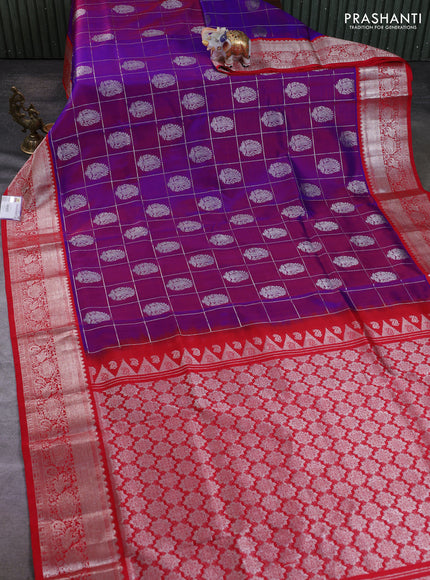Venkatagiri silk saree purple and red with allover silver zari checks & buttas and silver zari woven border