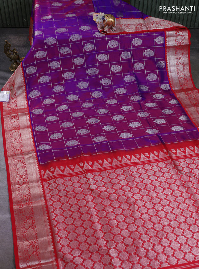 Venkatagiri silk saree purple and red with allover silver zari checks & buttas and silver zari woven border