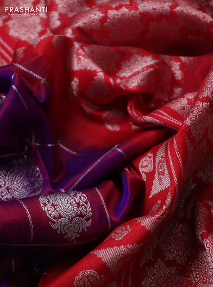 Venkatagiri silk saree purple and red with allover silver zari checks & buttas and silver zari woven border