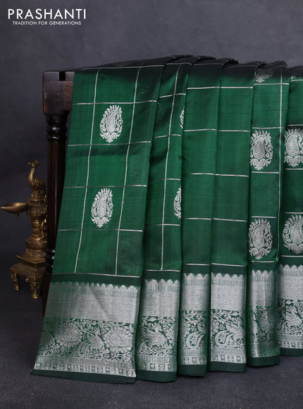Venkatagiri silk saree bottle green with allover silver zari checks & buttas and silver zari woven border