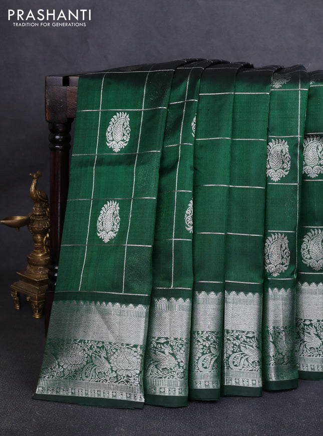 Venkatagiri silk saree bottle green with allover silver zari checks & buttas and silver zari woven border